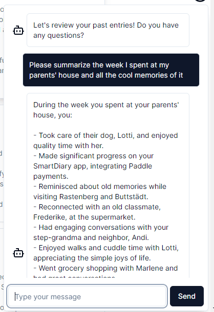 The Smart Diary chatbot summarizing a beautiful week at my parents' house.