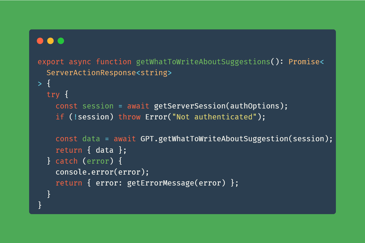 A code snippet showing a Next.js server action
