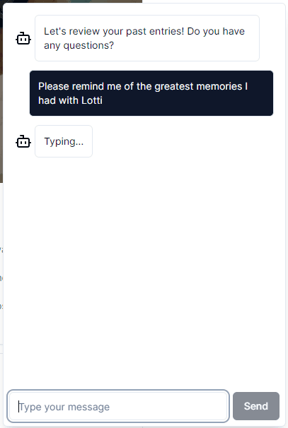An AI chatbot window. The user sent a query and the chatbot currently shows "Typing...".
