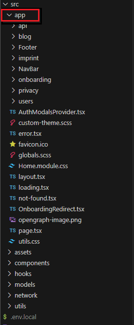 A Next.js project folder tree showing the app directory with many folders and files inside it, including a layout.tsx file.